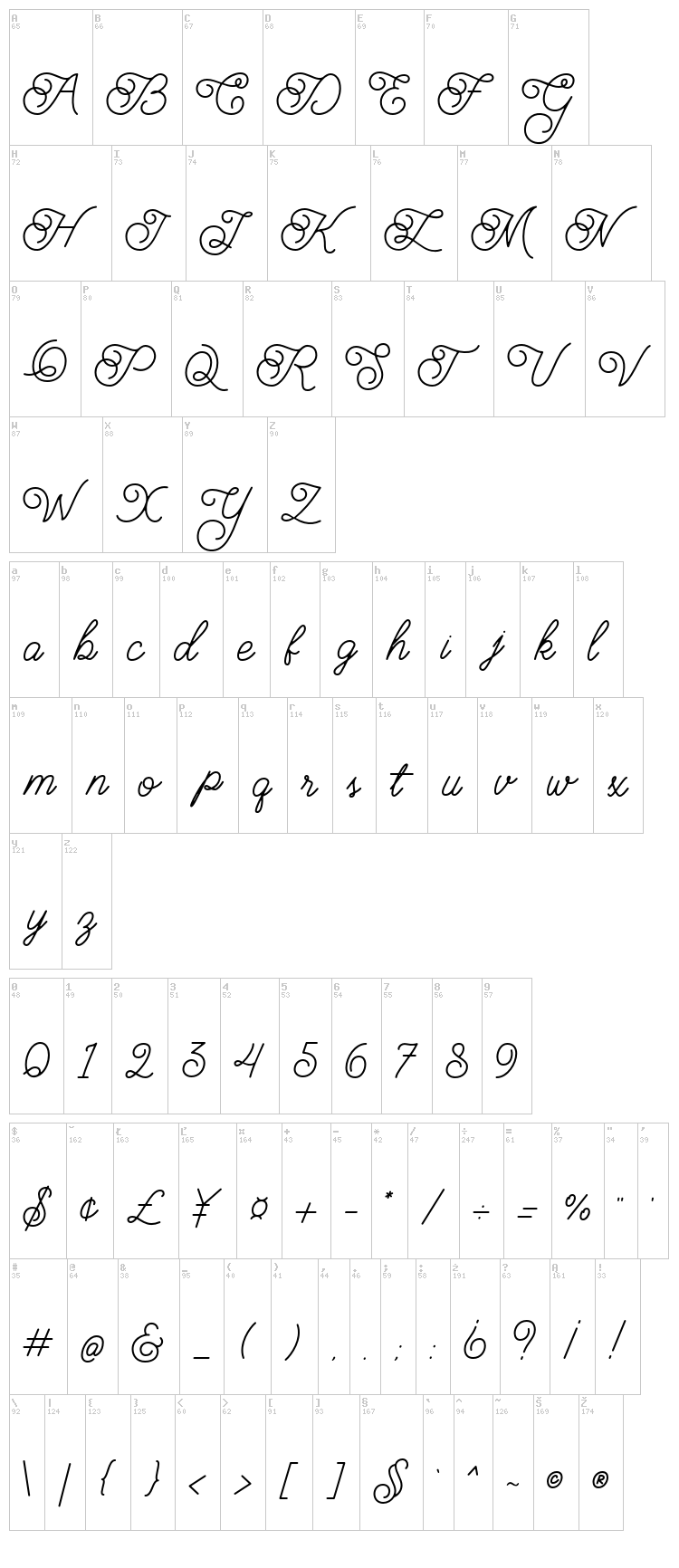 Brayden Script font map